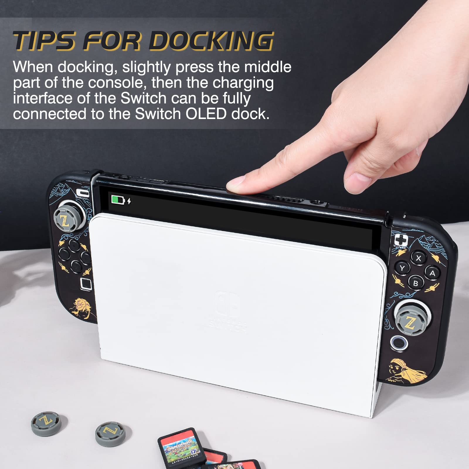 DLseego Switch OLED Protective Case Dockable Hard Shell Black Shockproof Cover Joy Con Skin with 4PCS Thumb Grips Caps Design for Switch OLED New Model