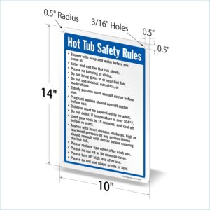 SmartSign 14 x 10 inch “Hot Tub Safety Rules” Metal Sign with Pre-Cleared Holes, 40 mil Laminated Rustproof Aluminum, Blue, Black and White, Made in USA