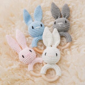 Wooden Baby Rattle Crochet White Bunny Baby Toys Handmade Newborn Toy Early Development Grips Stuffed Animal Organic Rattle (Bunny-2)