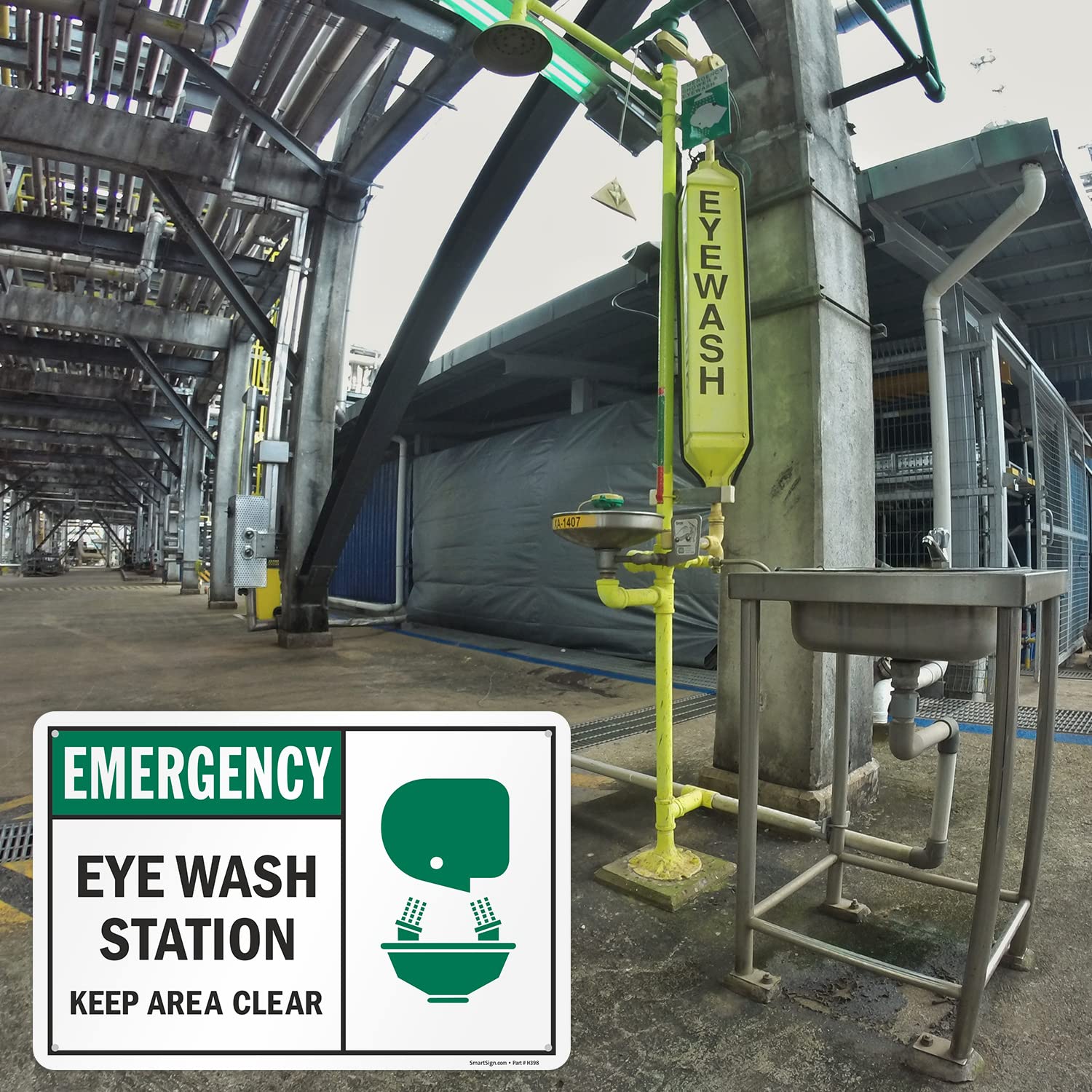 SmartSign 12 x 18 inch “Emergency Eye Wash Station - Keep Area Clear“ Sign With Graphic, Digitally Printed, 55 mil HDPE Plastic, Black, Green and white, Made in USA