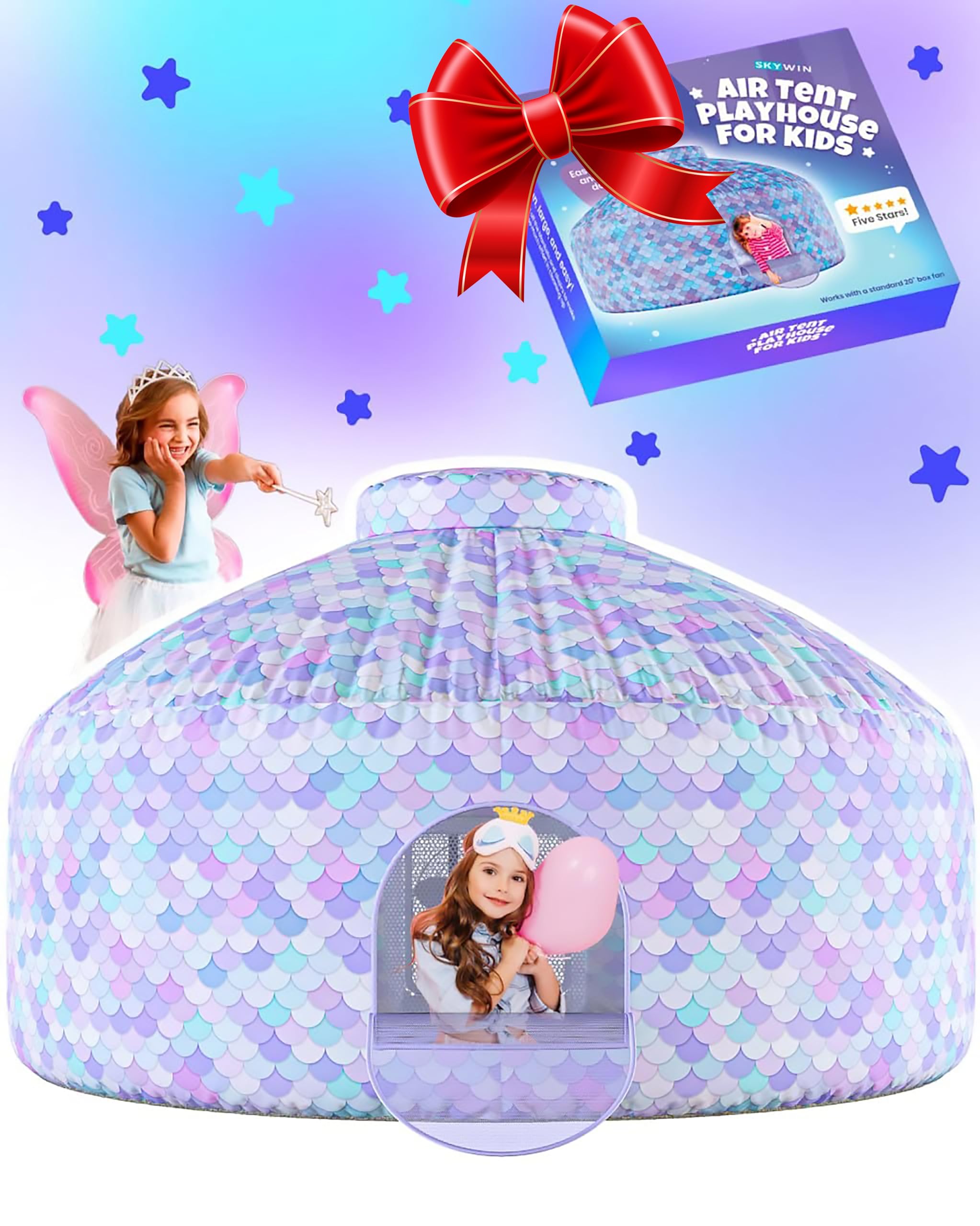 Skywin- Inflatable Tent for Kids (Mermaid) - Inflatable Air Tent Fort for Kids, Inflatable Fort Sets Up and Stores Away in Seconds, (Fan NOT Included) (with Door)