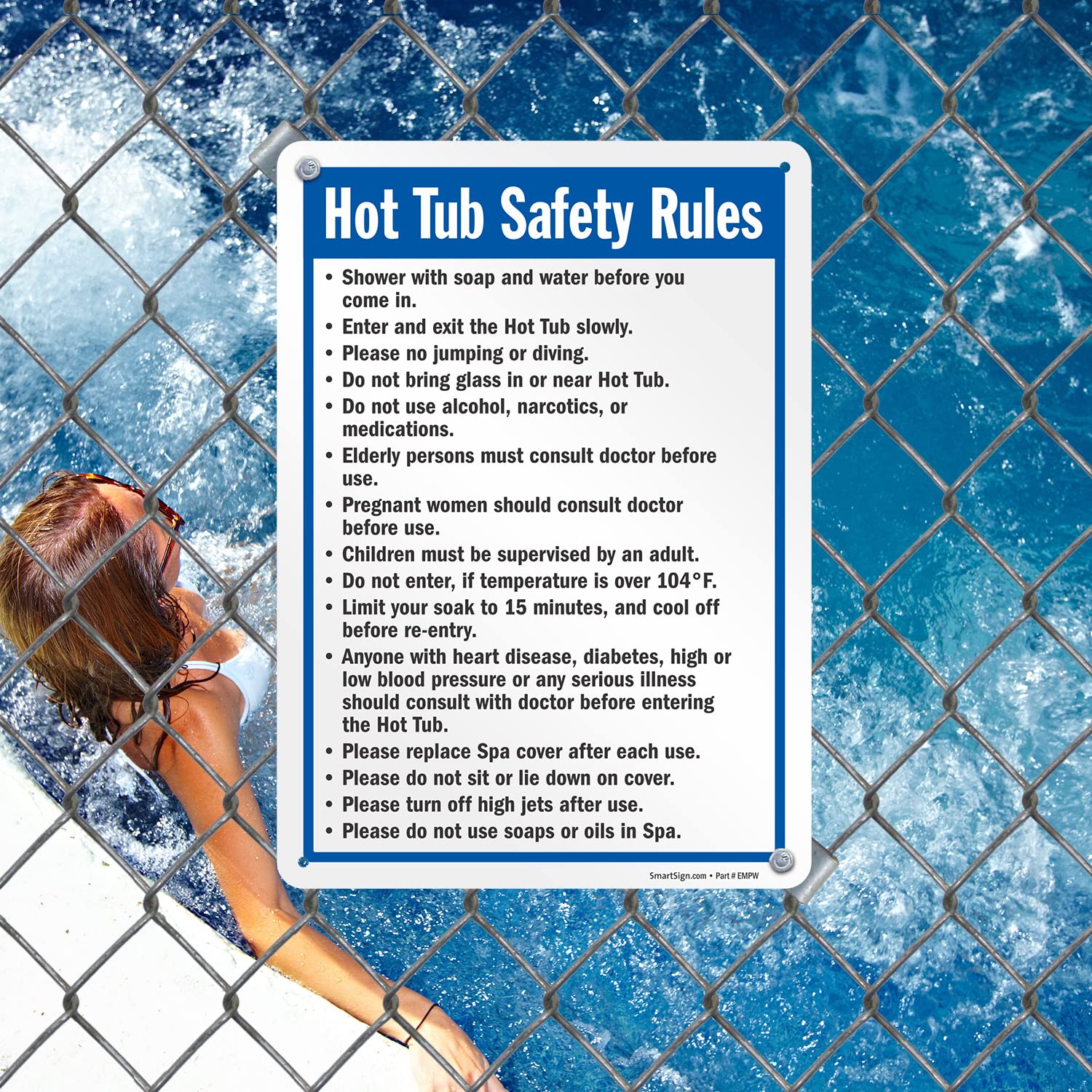 SmartSign 14 x 10 inch “Hot Tub Safety Rules” Metal Sign with Pre-Cleared Holes, 40 mil Laminated Rustproof Aluminum, Blue, Black and White, Made in USA