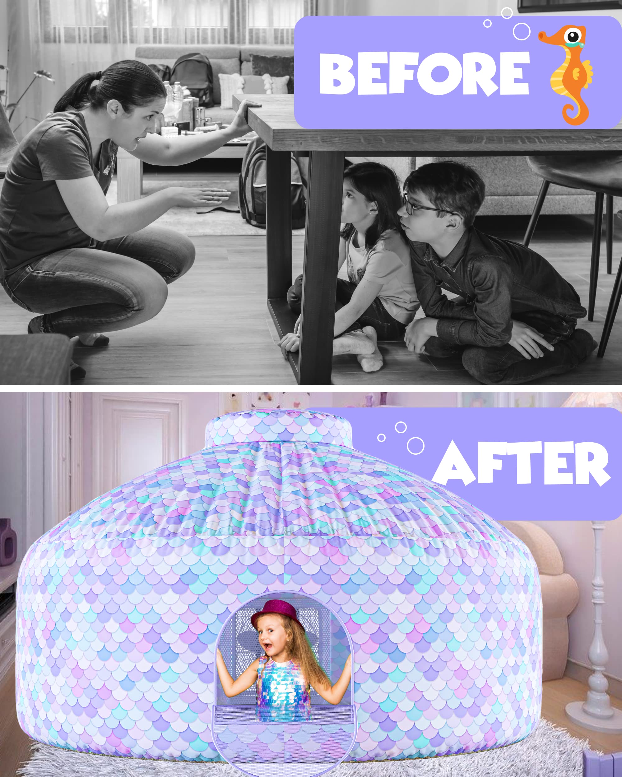 Skywin- Inflatable Tent for Kids (Mermaid) - Inflatable Air Tent Fort for Kids, Inflatable Fort Sets Up and Stores Away in Seconds, (Fan NOT Included) (with Door)