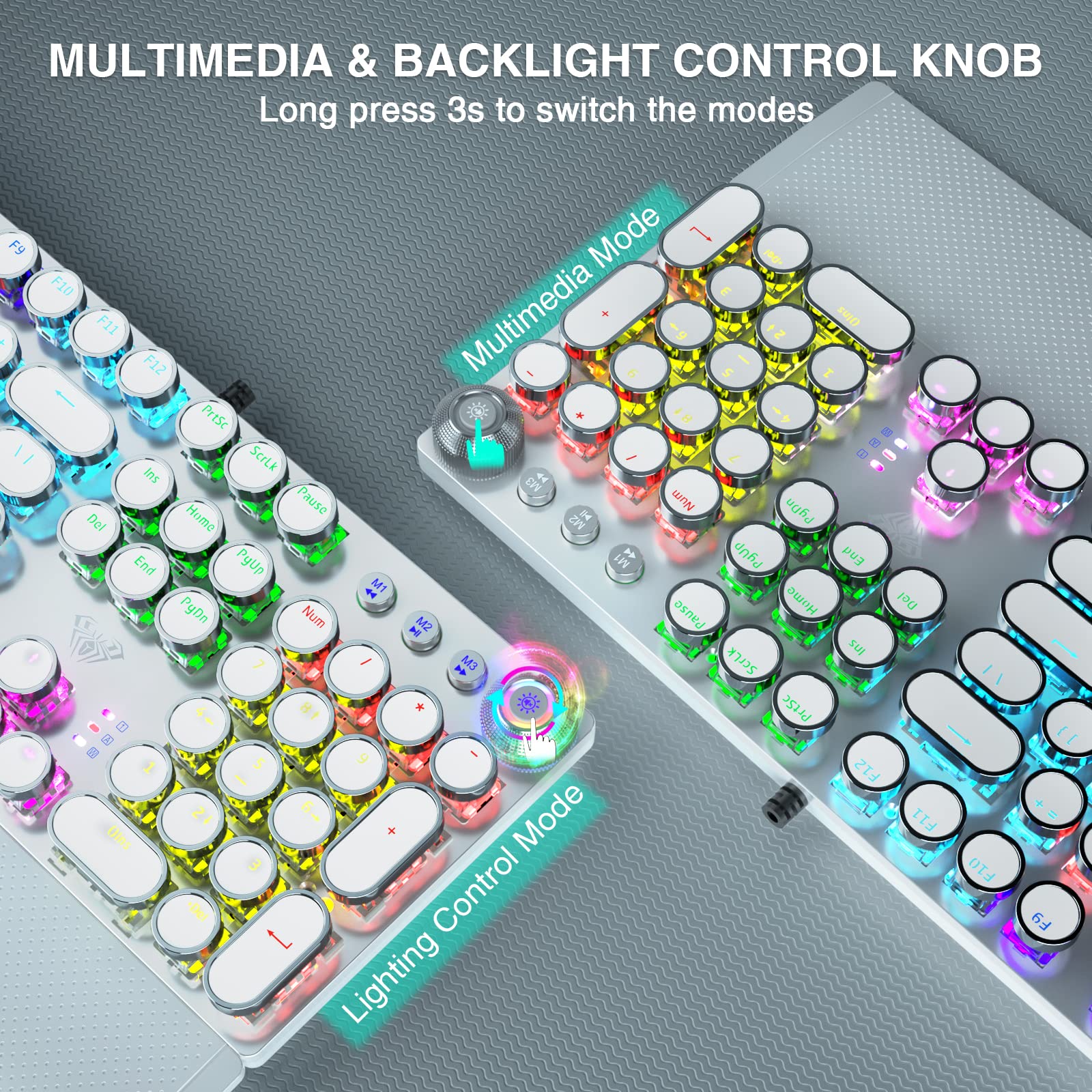 AULA F2088 Typewriter Style Mechanical Gaming Keyboard,Rainbow LED Backlit,Removable Wrist Rest,Media Control Knob,Retro Punk Round Keycaps,USB Wired Computer Keyboard,White