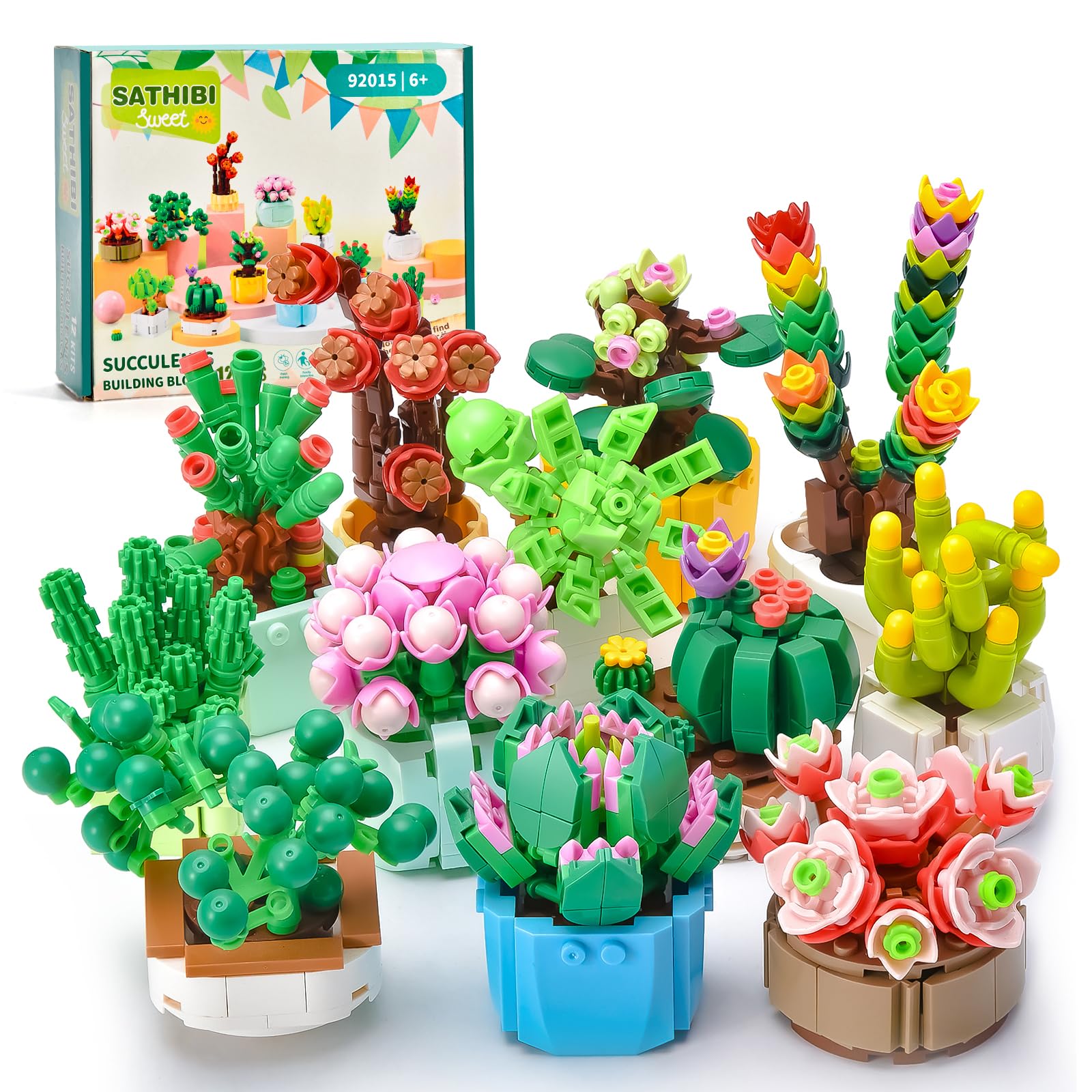 SATHIBI Flower Building Set for Adults,Succulents Botanical Collection Decor,Artificia Plant Bouquet Toys Gifts for Kids Boys Girls Ages 6+(12 Kits)