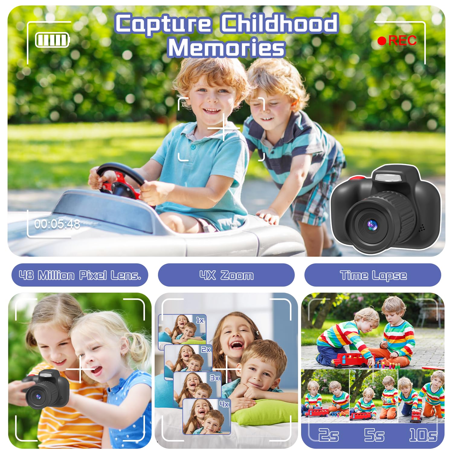 Temodu Kids Camera, Best Birthday Festival Toys Gifts for Girls Boys Age 3 4 5 6 7 8 9 10 11 12 Year Old, Digital Camera for Kids with Video, Toy Camera Toddler Camera for Girls with 32GB Card - Black