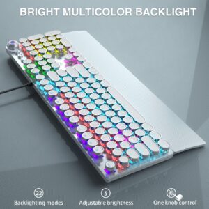 AULA F2088 Typewriter Style Mechanical Gaming Keyboard,Rainbow LED Backlit,Removable Wrist Rest,Media Control Knob,Retro Punk Round Keycaps,USB Wired Computer Keyboard,White