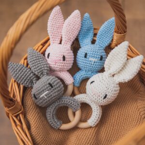 Wooden Baby Rattle Crochet White Bunny Baby Toys Handmade Newborn Toy Early Development Grips Stuffed Animal Organic Rattle (Bunny-2)