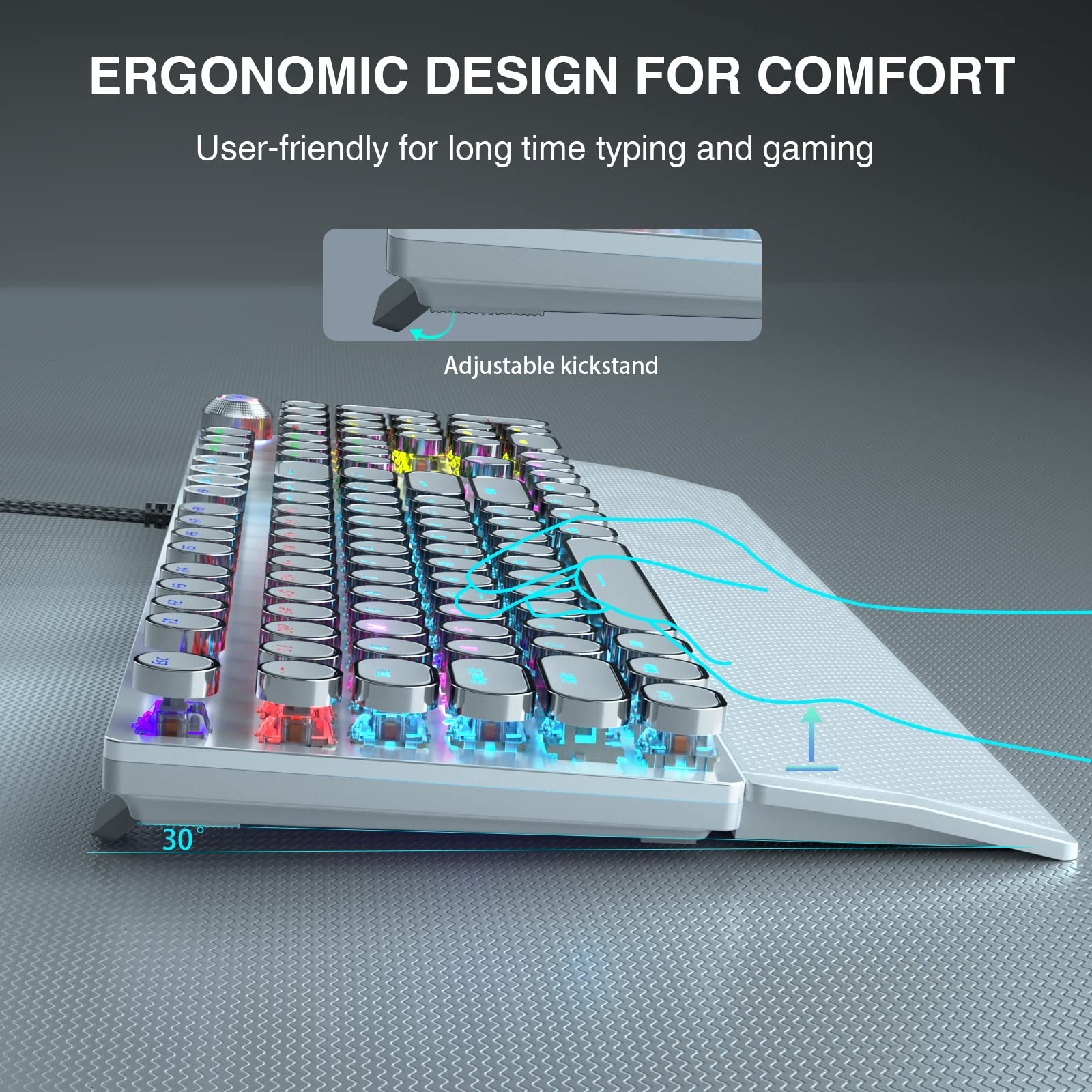 AULA F2088 Typewriter Style Mechanical Gaming Keyboard,Rainbow LED Backlit,Removable Wrist Rest,Media Control Knob,Retro Punk Round Keycaps,USB Wired Computer Keyboard,White