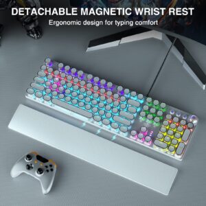 AULA F2088 Typewriter Style Mechanical Gaming Keyboard,Rainbow LED Backlit,Removable Wrist Rest,Media Control Knob,Retro Punk Round Keycaps,USB Wired Computer Keyboard,White