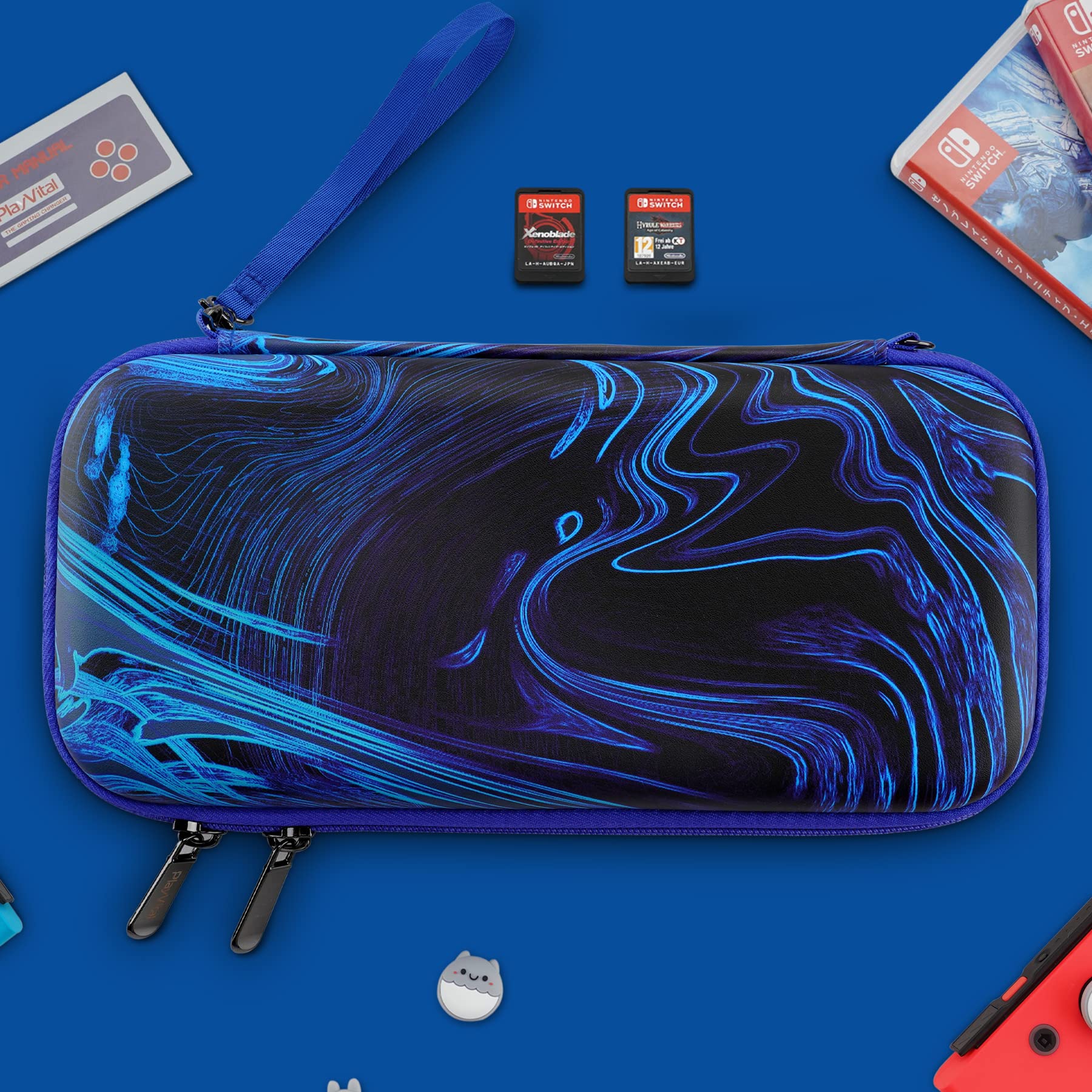 playvital Carrying Case for Nintendo Switch & Switch OLED, Portable Pouch Storage Handbag Travel Bag Protective Hard Case for Switch Console w/Thumb Grip Caps & 10 Game Card Slots - Blue Swirl