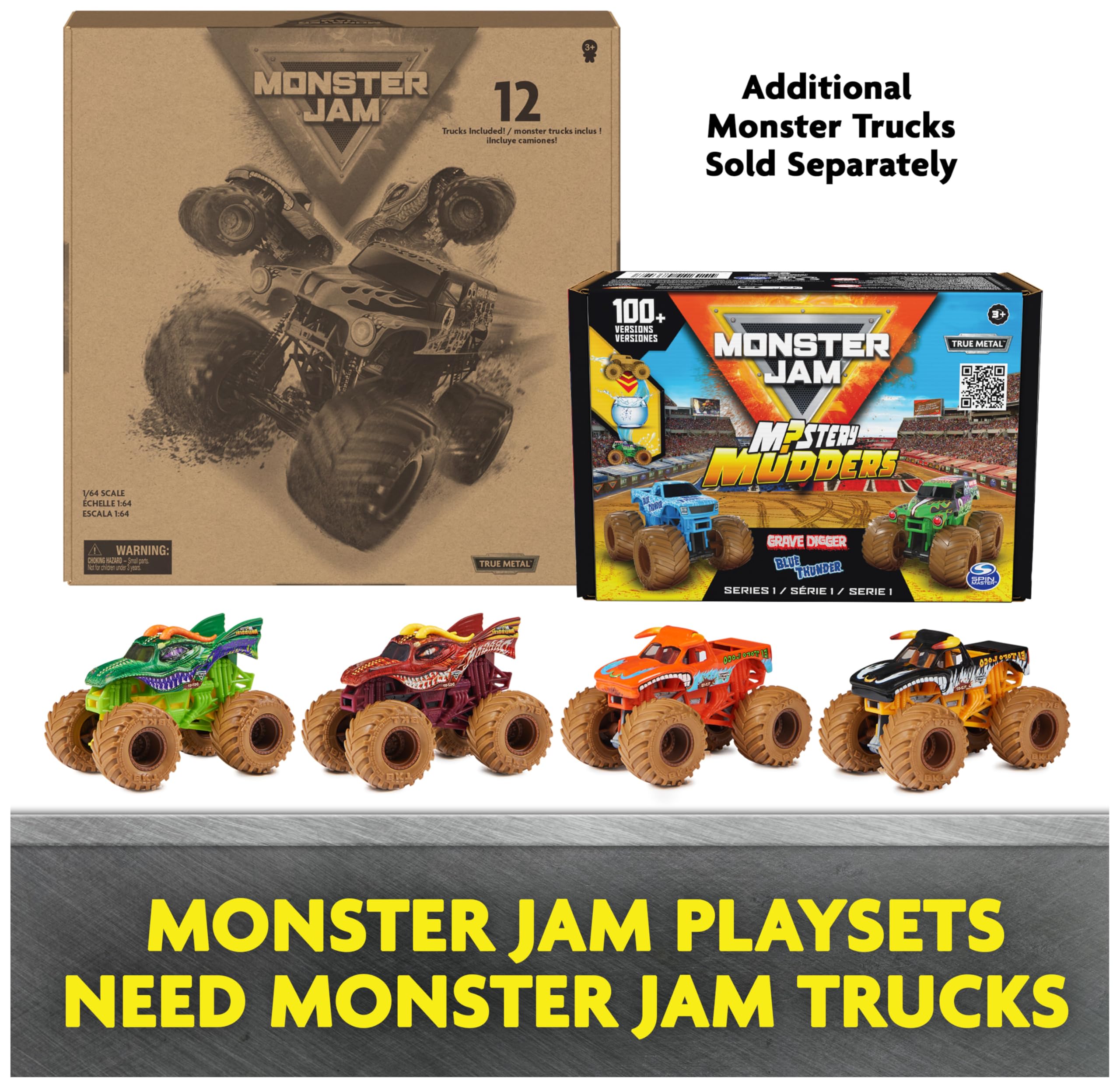 Monster Jam, Mystery Mudders 2-Pack Monster Trucks, Official 1:64 Grave Digger and Blue Thunder Die-Cast Vehicles, Wash to Reveal (Styles Will Vary)