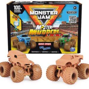 Monster Jam, Mystery Mudders 2-Pack Monster Trucks, Official 1:64 Grave Digger and Blue Thunder Die-Cast Vehicles, Wash to Reveal (Styles Will Vary)