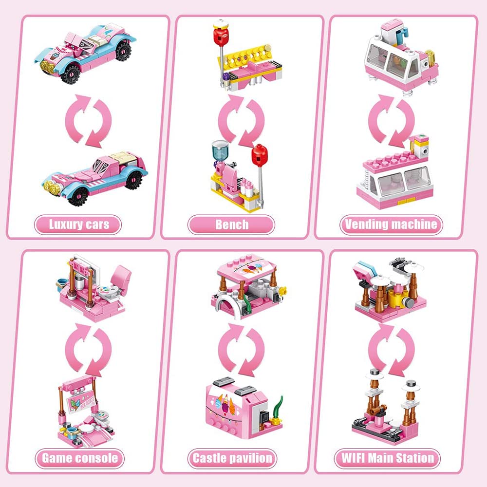 Girls Building Blocks Toys 553 Pieces Ice Cream Truck Set Toys for Girls 25 Models Pink Building Bricks Toys STEM Toys Construction Play Set for Kids Best Gifts for Girls Age 6-12 and Up