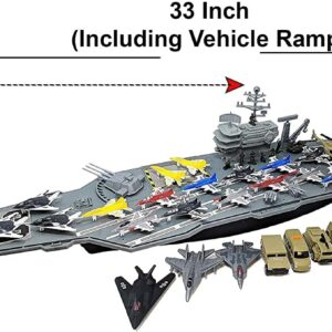 33 Inch Aircraft Carrier Toy with Soldiers Military Vehicles (18 Fighter Jets + 2 Destroyer Ship Combo)