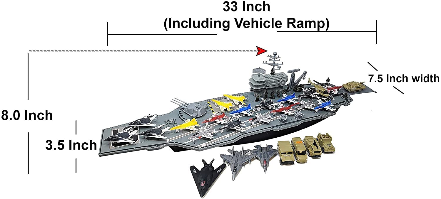 33 Inch Aircraft Carrier Toy with Soldiers Military Vehicles (18 Fighter Jets + 2 Destroyer Ship Combo)