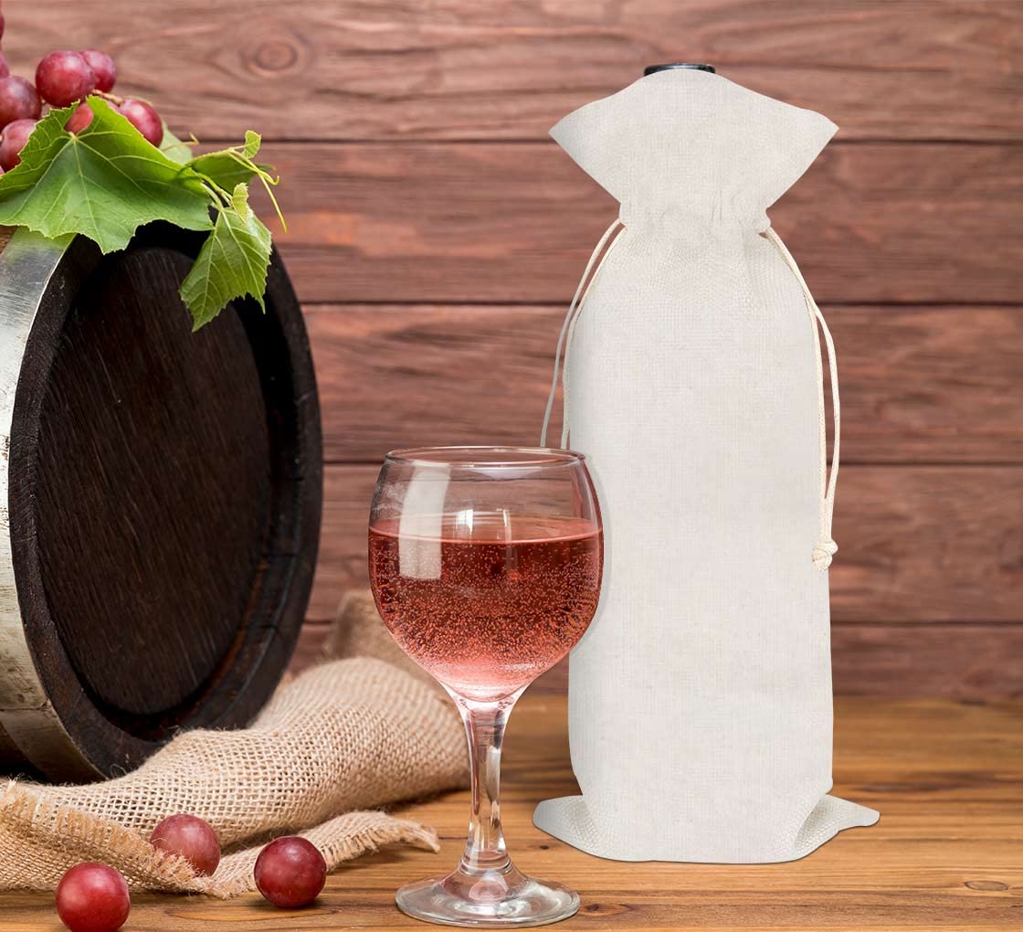 BannerBuzz Canvas Wine Bag Made of 100% Biodegradable Canvas Material With 4 Oz Weight (6.5" W x 14" H, Off White)