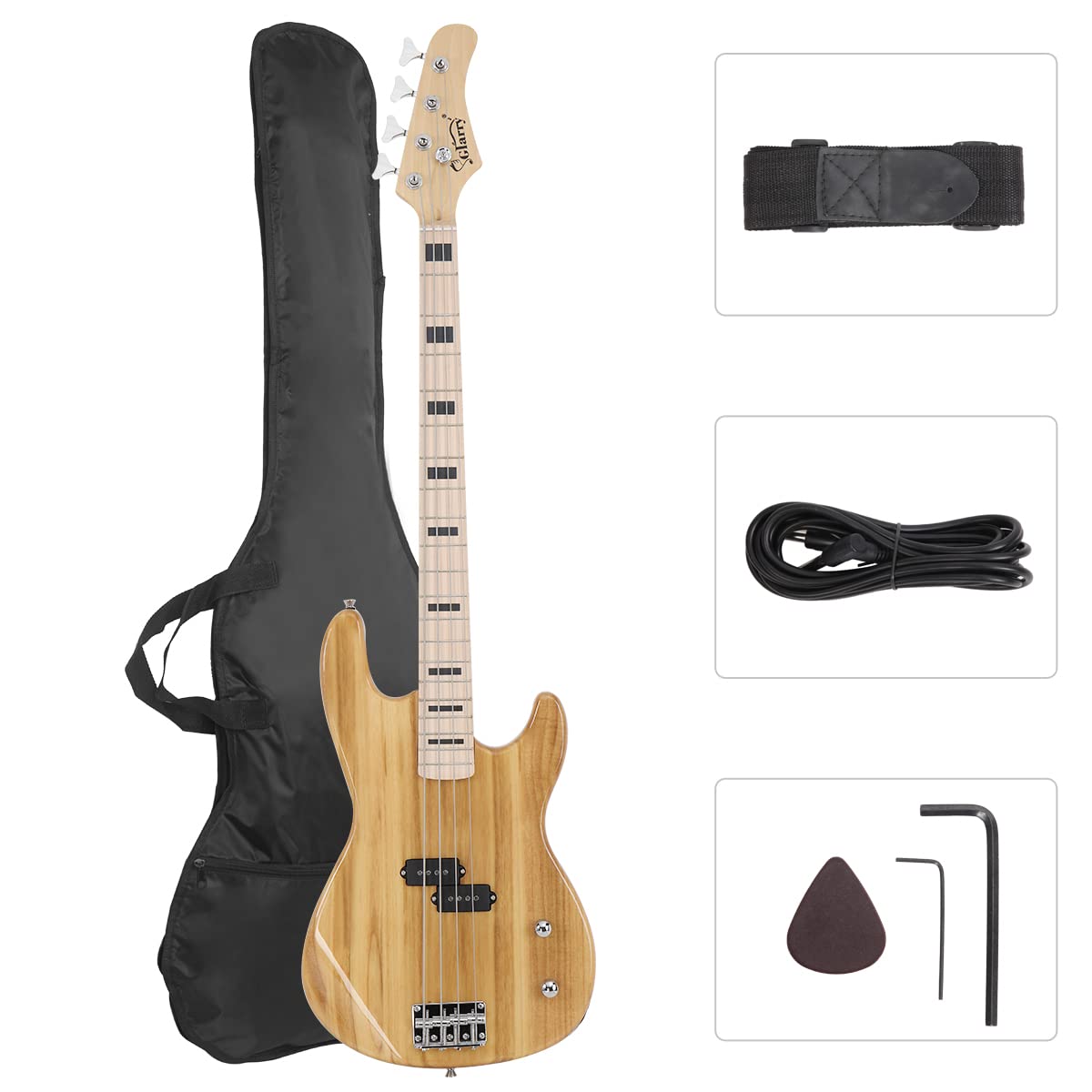 GLARRY GP Series Full Size Electric Bass Guitar 4 String Beginner Kit Canadian Maple Fingerboard with Cable, Strap, Bag and Accessories (Burly Wood)