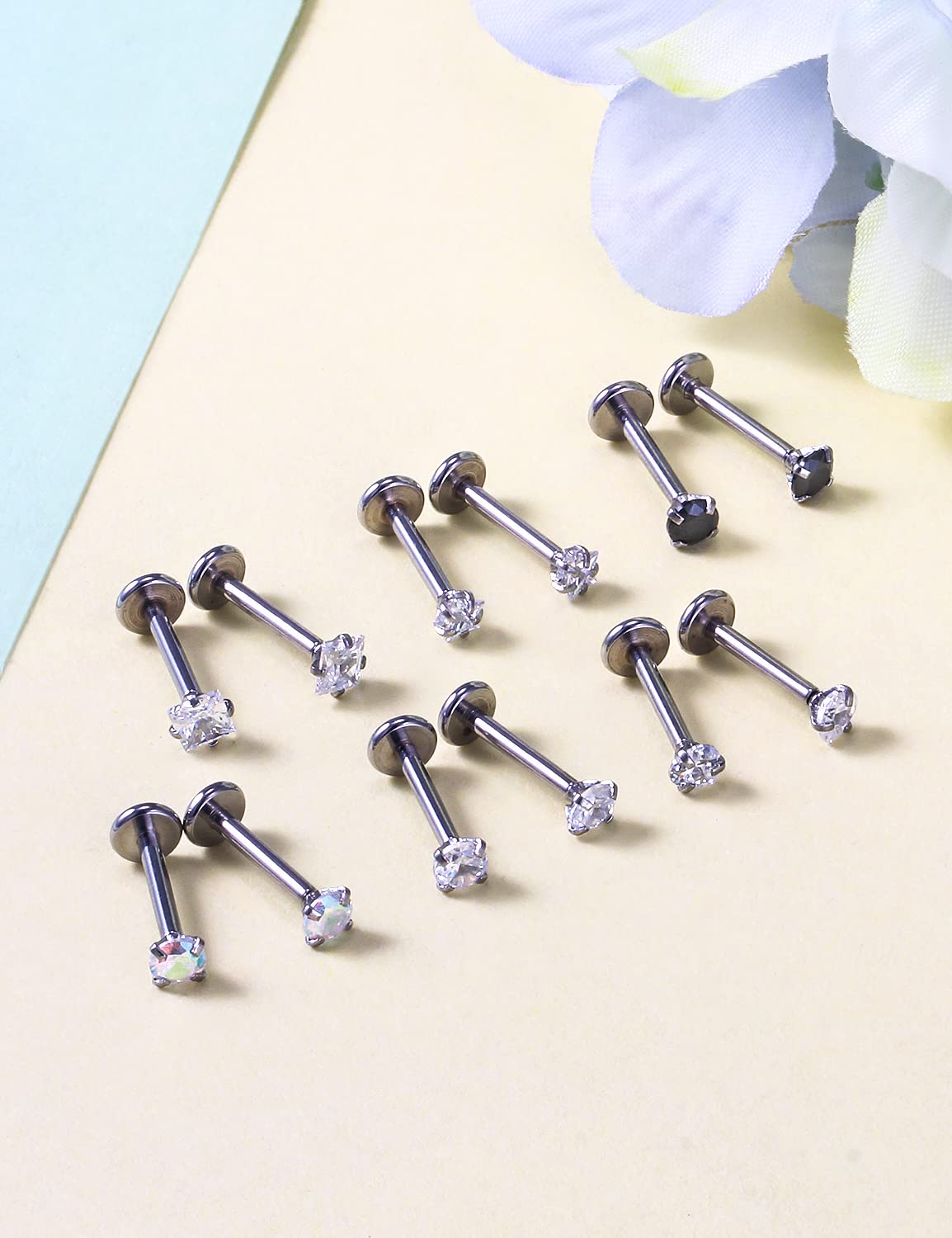 Dyknasz 18G Threadless Push in Medusa Piercing Jewelry Set, Surgical Steel Labret Lip Rings Stud for Women Men, Tragus Forward Helix Earrings Cartilage Flat Back.