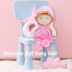 June Garden Personalized Soft Dolly Emilia - Stuffed Soft Baby Doll for Birth and Up with Custom Name - Pink Dress