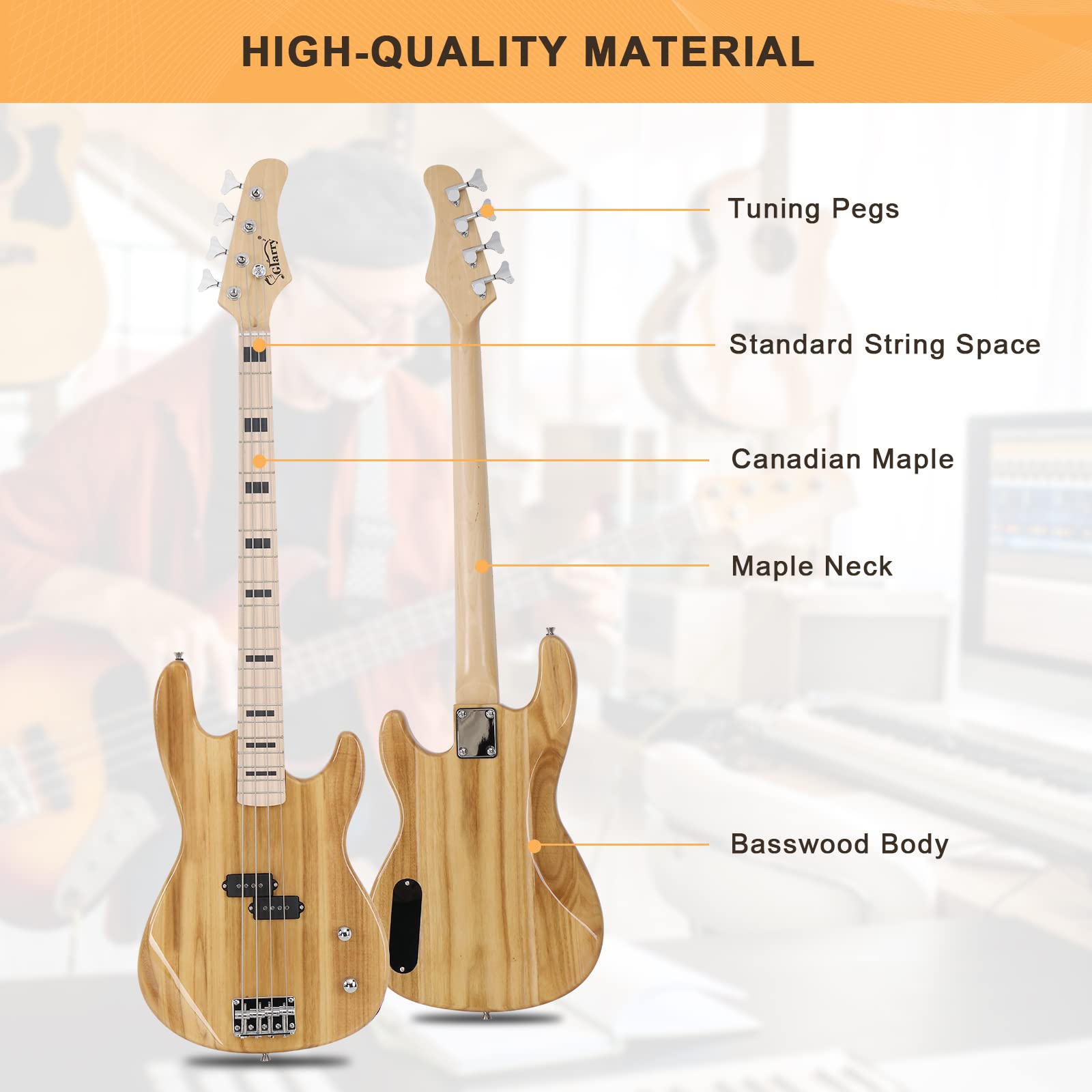 GLARRY GP Series Full Size Electric Bass Guitar 4 String Beginner Kit Canadian Maple Fingerboard with Cable, Strap, Bag and Accessories (Burly Wood)