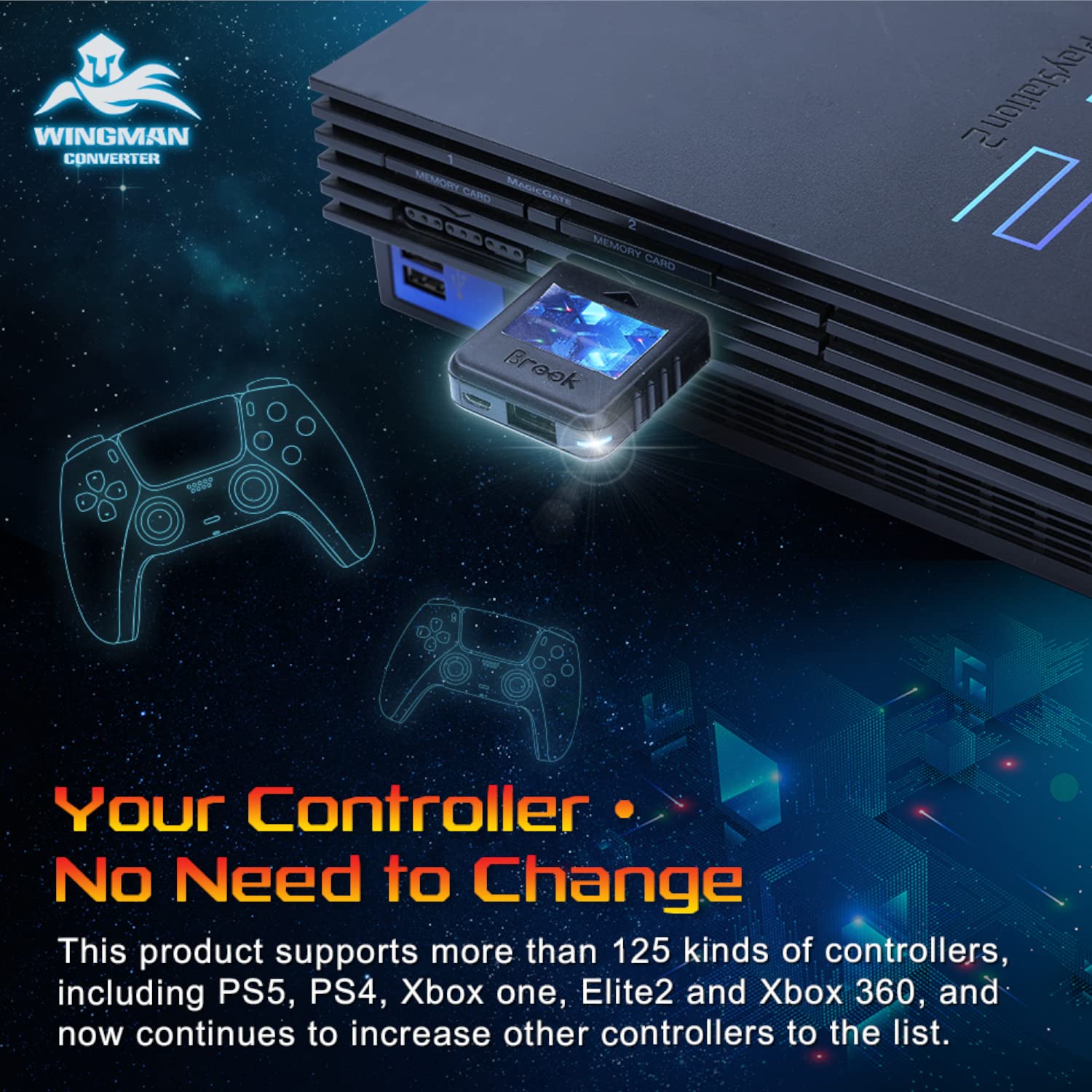 Brook Wingman PS2 Converter for X Box 360/X Box One/XSX|S/X Box Elite 1&2/PS5/PS4/PS3/Switch Pro Controller to PS2/PS/PS Classic