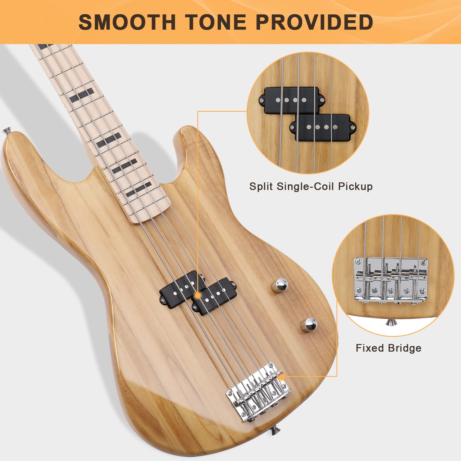 GLARRY GP Series Full Size Electric Bass Guitar 4 String Beginner Kit Canadian Maple Fingerboard with Cable, Strap, Bag and Accessories (Burly Wood)