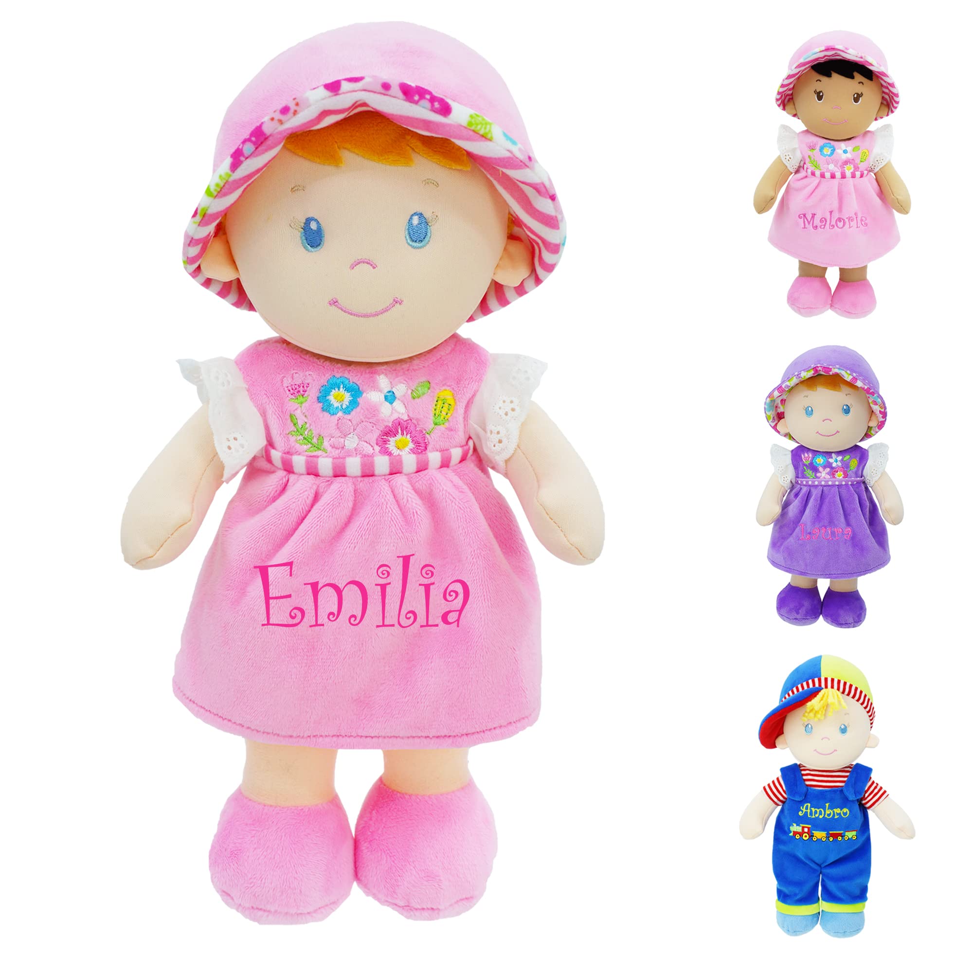 June Garden Personalized Soft Dolly Emilia - Stuffed Soft Baby Doll for Birth and Up with Custom Name - Pink Dress