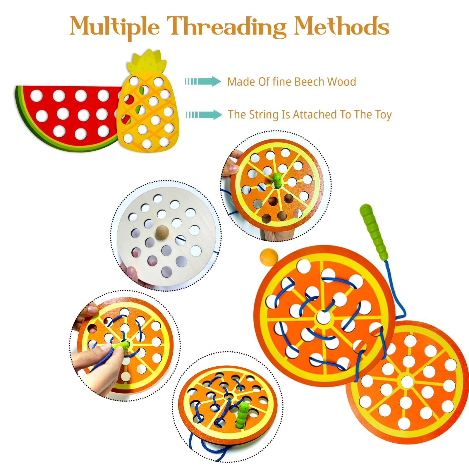 ECam Pcs] Lacing Toy Toddlers, Wooden Threading Toys, Educational and Learning Montessori Activity Baby and Kids, Fine Motor Skill Toys, Apple Pear Strawberry Watermelon Orange Pineapple Multi Color