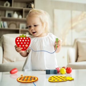 ECam Pcs] Lacing Toy Toddlers, Wooden Threading Toys, Educational and Learning Montessori Activity Baby and Kids, Fine Motor Skill Toys, Apple Pear Strawberry Watermelon Orange Pineapple Multi Color