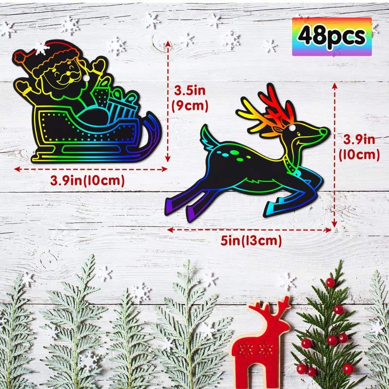 Mocoosy 48 Christmas Scratch Art Ornaments, Christmas Crafts Kits for Kids Rainbow Magic Scratch Paper Cards Xmas Hanging Ornaments Decorations DIY Winter Holiday Party Favors Set