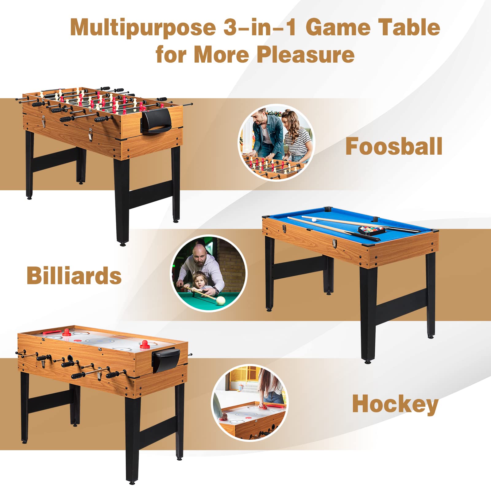 Goplus 48 Inch Game Table, 3-in-1 Combo Table Set w/Adult Size Foosball Table, Pool Table, Slide Hockey Table, Multi Game Table w/Billiard, Soccer & Hockey for Arcade, Party, Family Night, Game Room