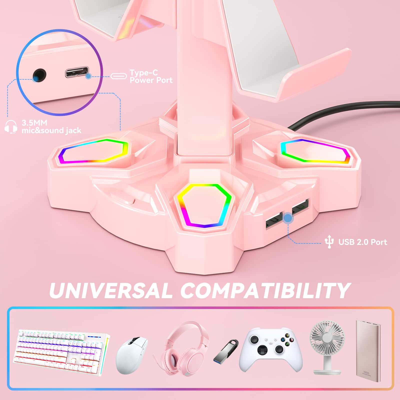 KDD Headphone Stand with Light Modes - Rotatable Pink Game Headset Holder with 3.5mm AUX & 2 USB Port - Suitable for PC Desk Accessories Gamers Gift(Pink)