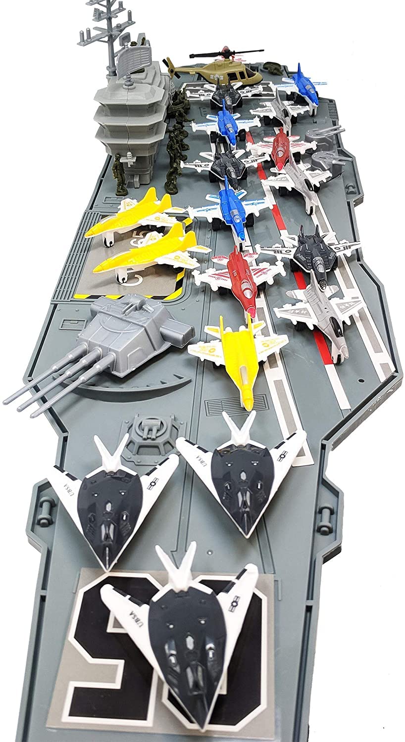 33 Inch Aircraft Carrier Toy with Soldiers Military Vehicles (18 Fighter Jets + 2 Destroyer Ship Combo)