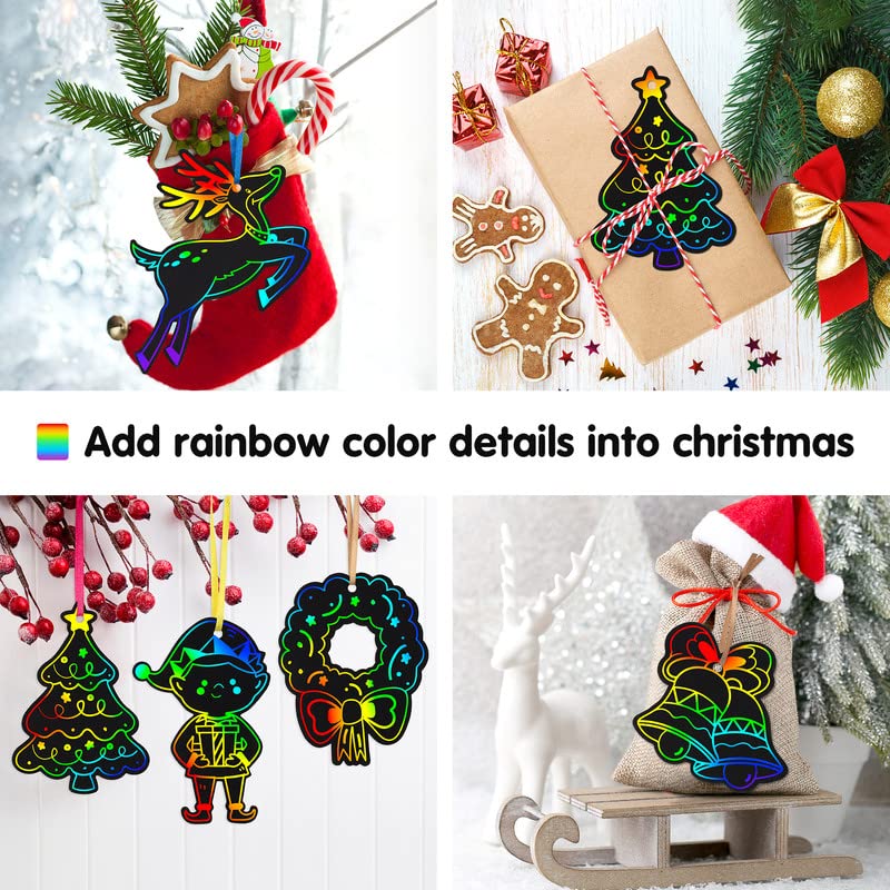 Mocoosy 48 Christmas Scratch Art Ornaments, Christmas Crafts Kits for Kids Rainbow Magic Scratch Paper Cards Xmas Hanging Ornaments Decorations DIY Winter Holiday Party Favors Set