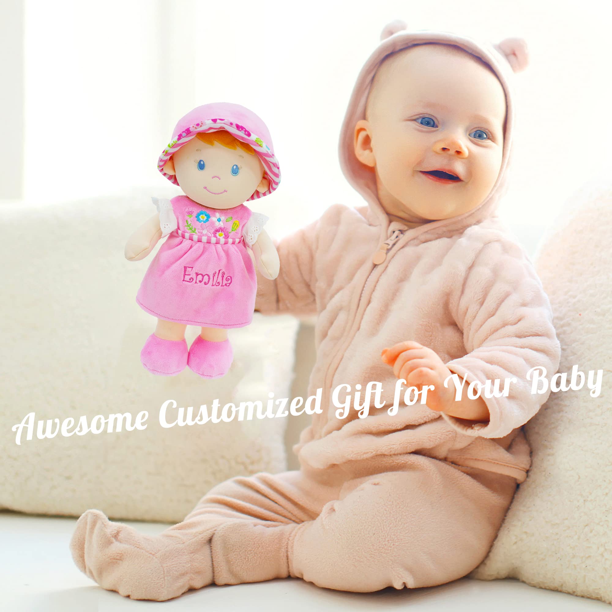 June Garden Personalized Soft Dolly Emilia - Stuffed Soft Baby Doll for Birth and Up with Custom Name - Pink Dress