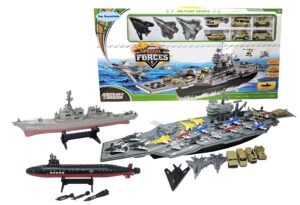 toy aircraft carrier submarine destroyer ship combo with military vehicles and fighter jets