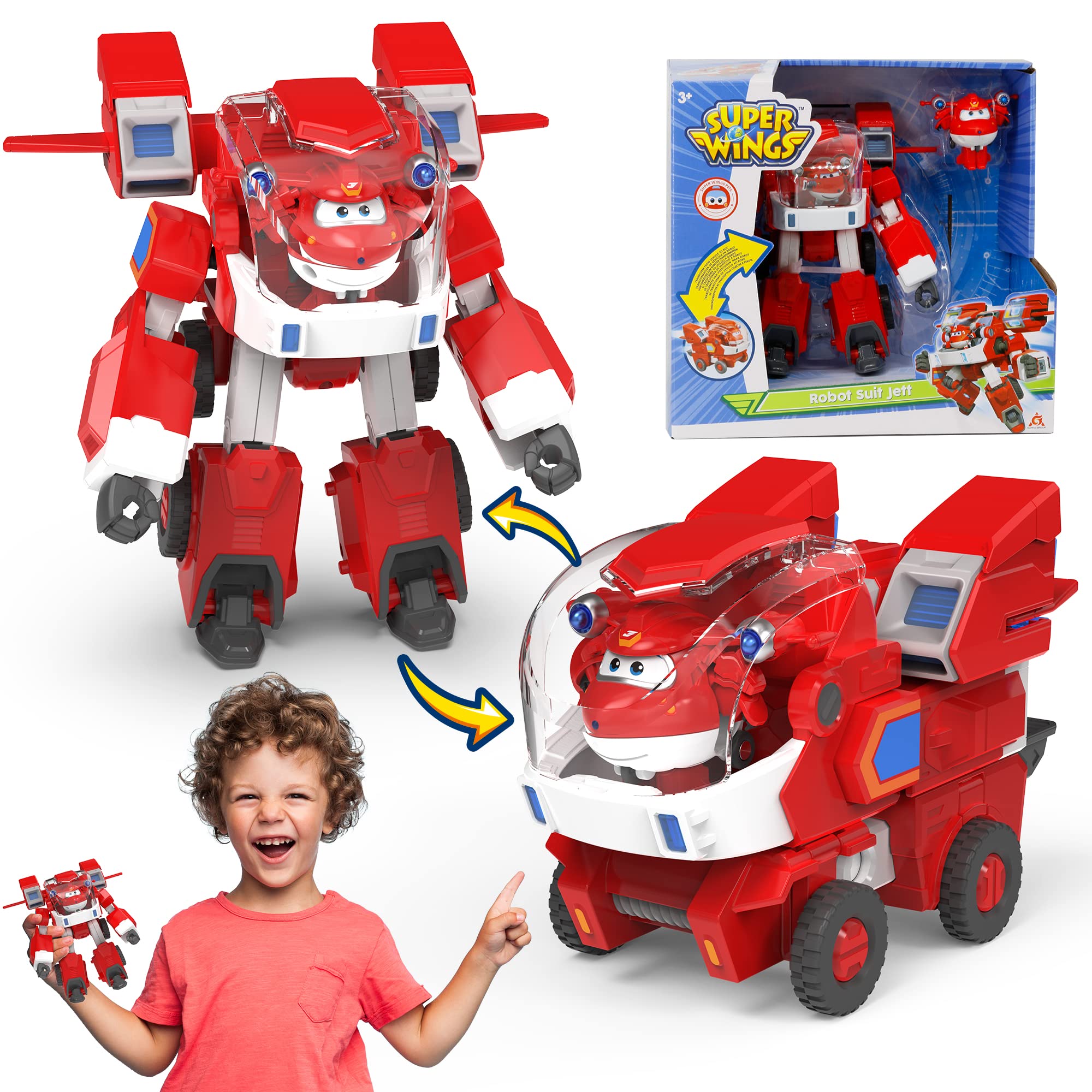 Super Wings Toys, 7 Inch Jett's Super Mecha Transforming Robot, Transforming from Toy Plane to Robot just 14 Steps, Action Figures Toy for Kids Ages 3 and Up, Gifts for Boys and Girls