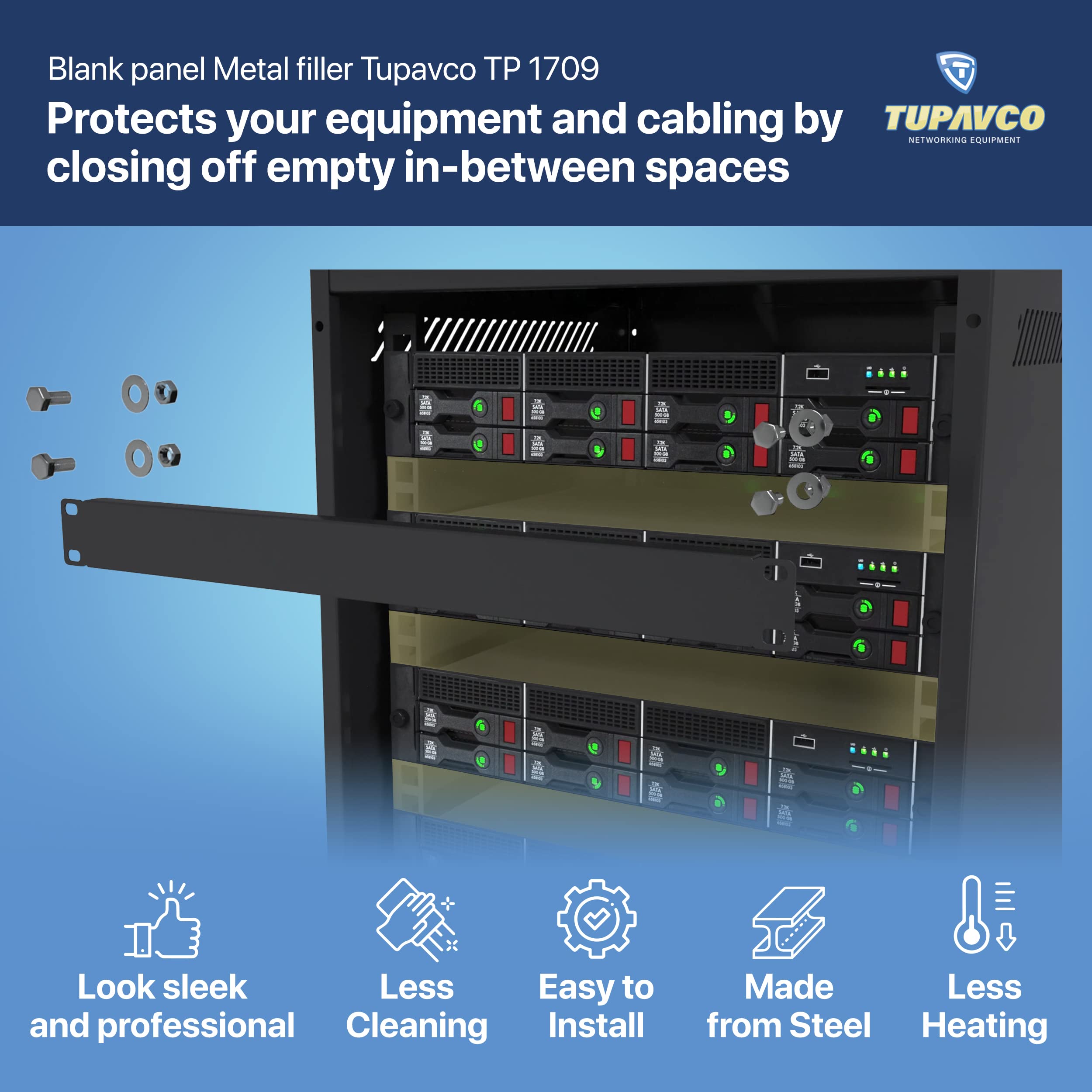 1U Blank Panel - (5 Pack) - Rackmount Accessories - Metal Spacer 19" Filler for Server Rack Cabinet Enclosure - Black Durable Steel - Tupavco TP1759