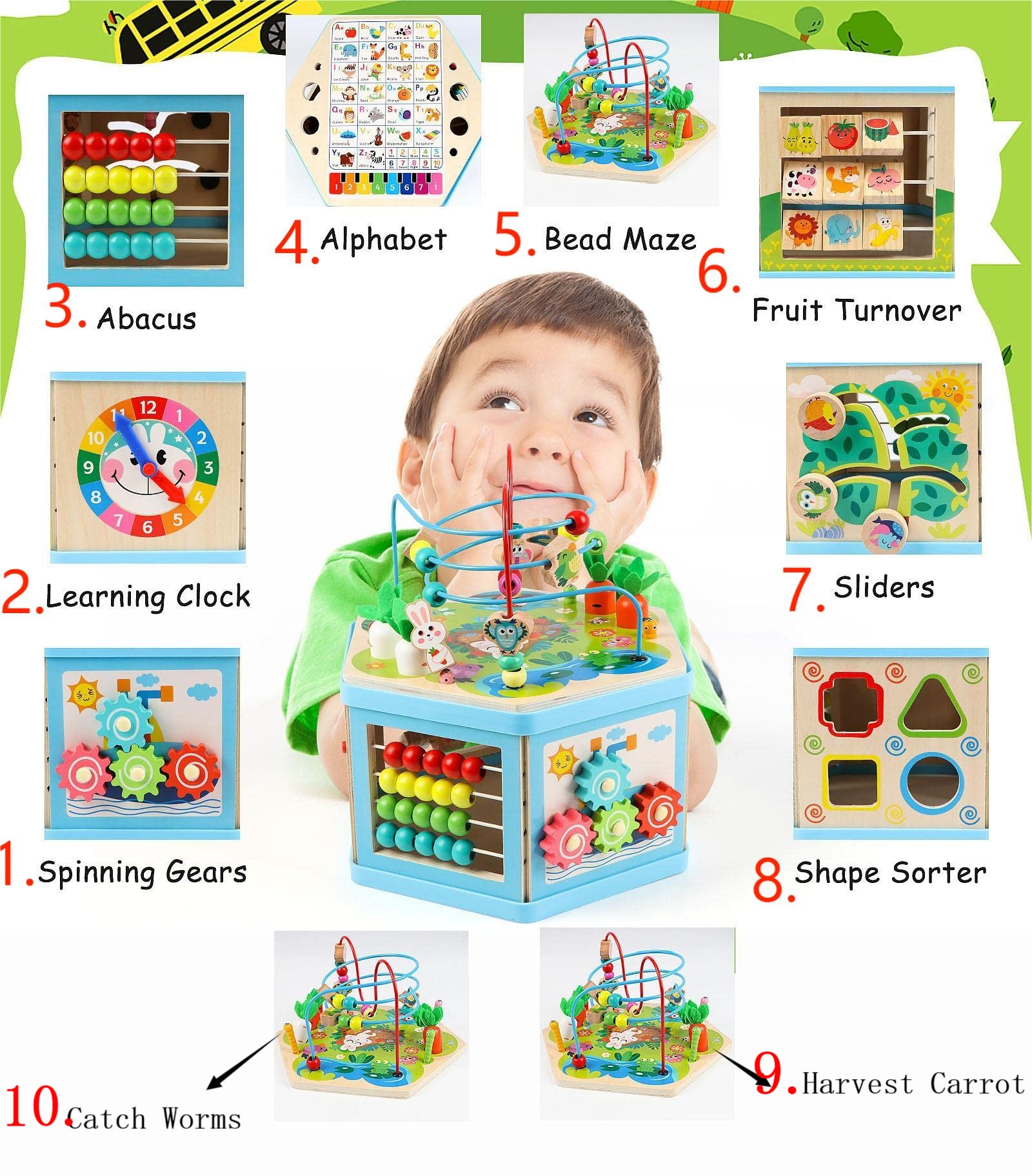 Vomocent Wooden Activity Cube for 1 Year Old Kids, Educational Learning Bead Maze for Toddler Age 1-3, Developmental Montessori Toys for 12-36 Months Boys Girls Gift