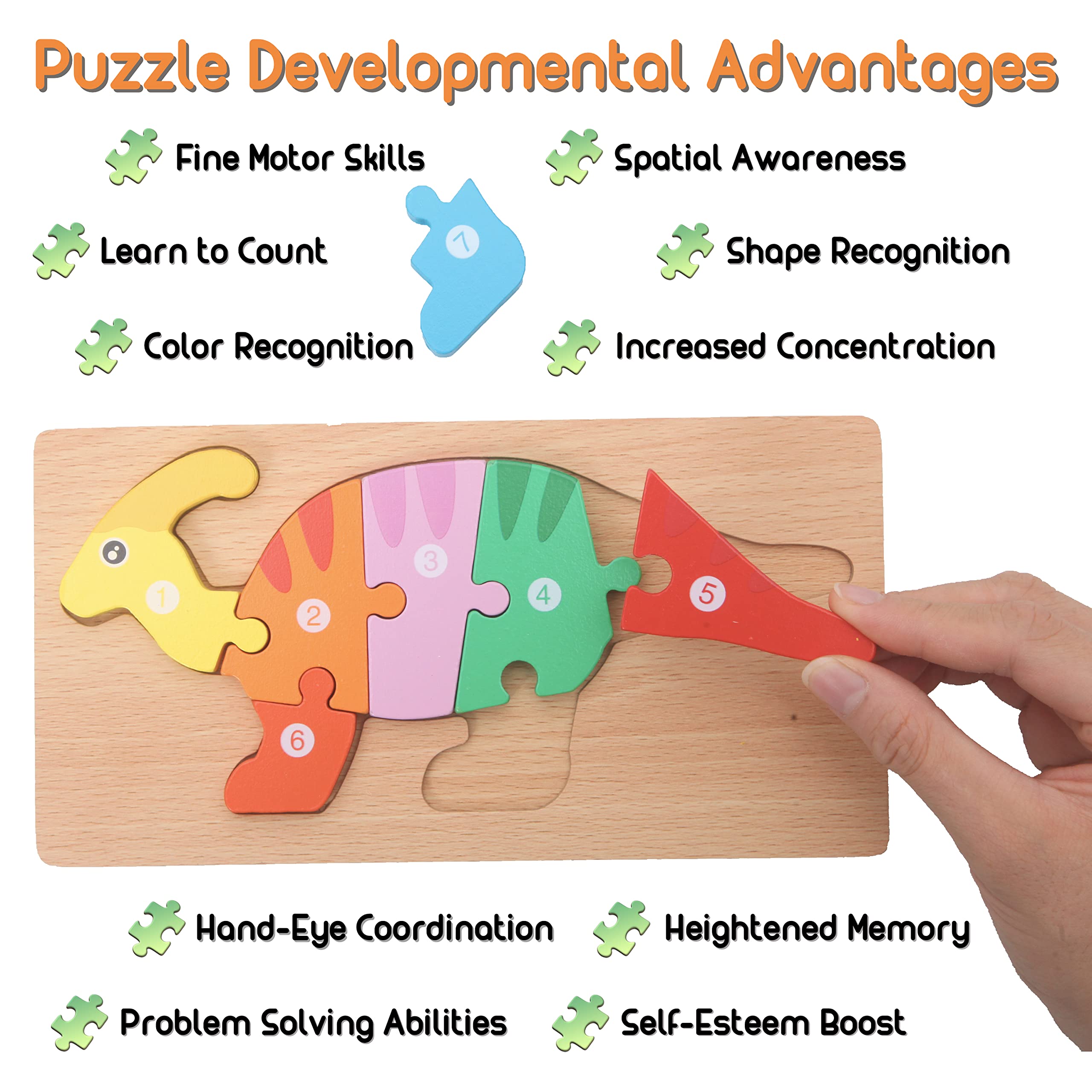 MONTESSORI MAMA Toddler Puzzles for Kids Ages 3-5 Dinosaur Puzzle 5-Pack, Montessori Toys for 3 Year Olds, Toddler Toys Age 2-4 Gifts for 3 Year Old Boys Girls, Wooden Puzzles for Toddlers