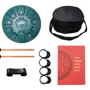 Nanrika Steel Tongue Drum, 8 Inch 11 Tone, Percussion Instrument, Hand Pan Drum, With Bag, Music Book, Drumstick and Finger Cover (Malachite)