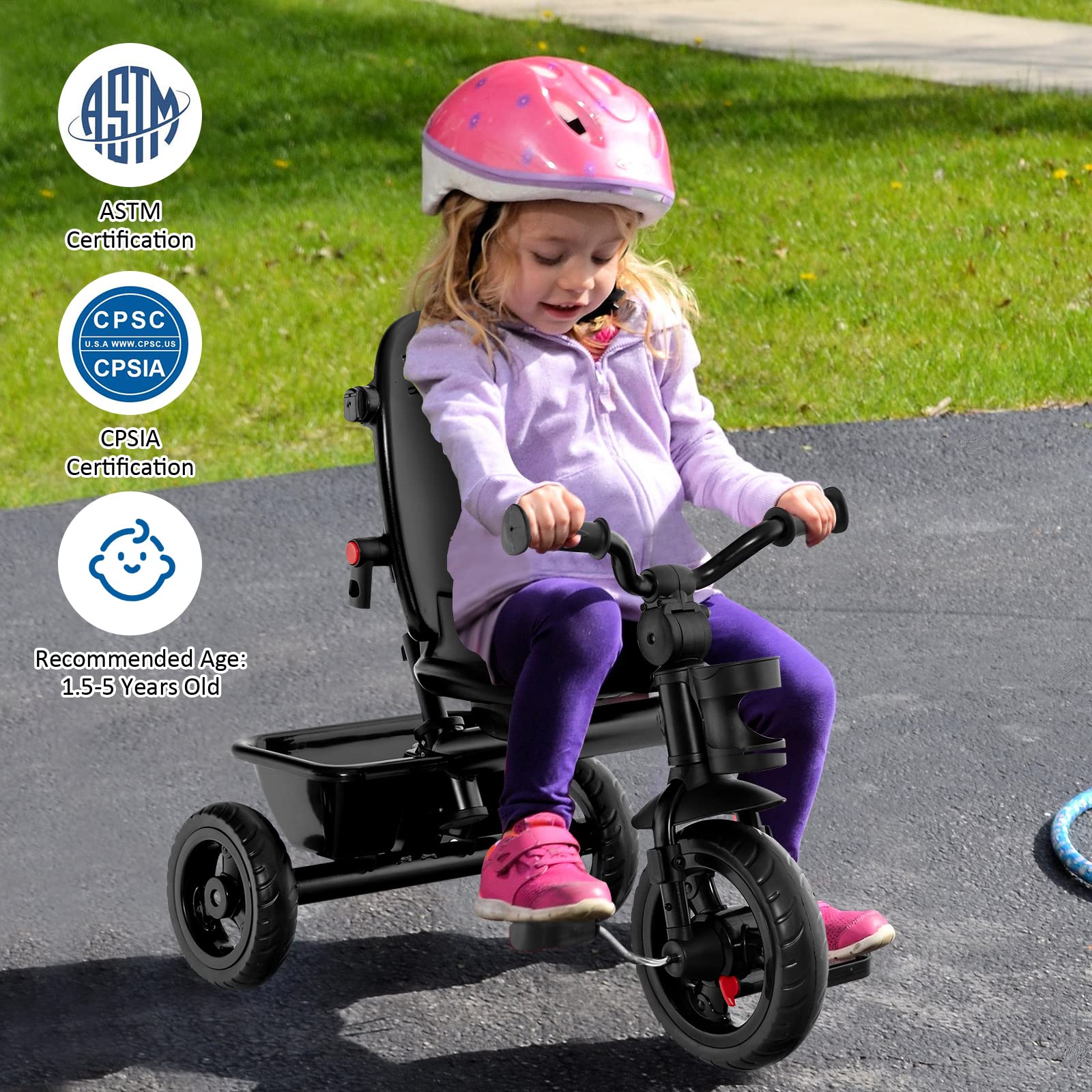 BABY JOY Tricycle, 5 in 1 Toddler Bike W/Removable Push Handle, Reversible Seat, EVA Wheel, Adjustable Canopy, Cup Holder & Storage, Ideal for Kids 1.5-5 Years Old, Tricycle for Toddler (Grey)