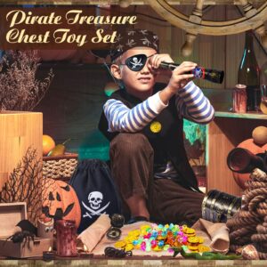 116 Pieces Pirate Treasure Toys, Pirate Treasure Box with Coins Jewels Gems and Pirate Map Compass Telescope for Boy Girl Halloween Cosplay Props Pirate Theme Party Decoration Favor (Cute Style)