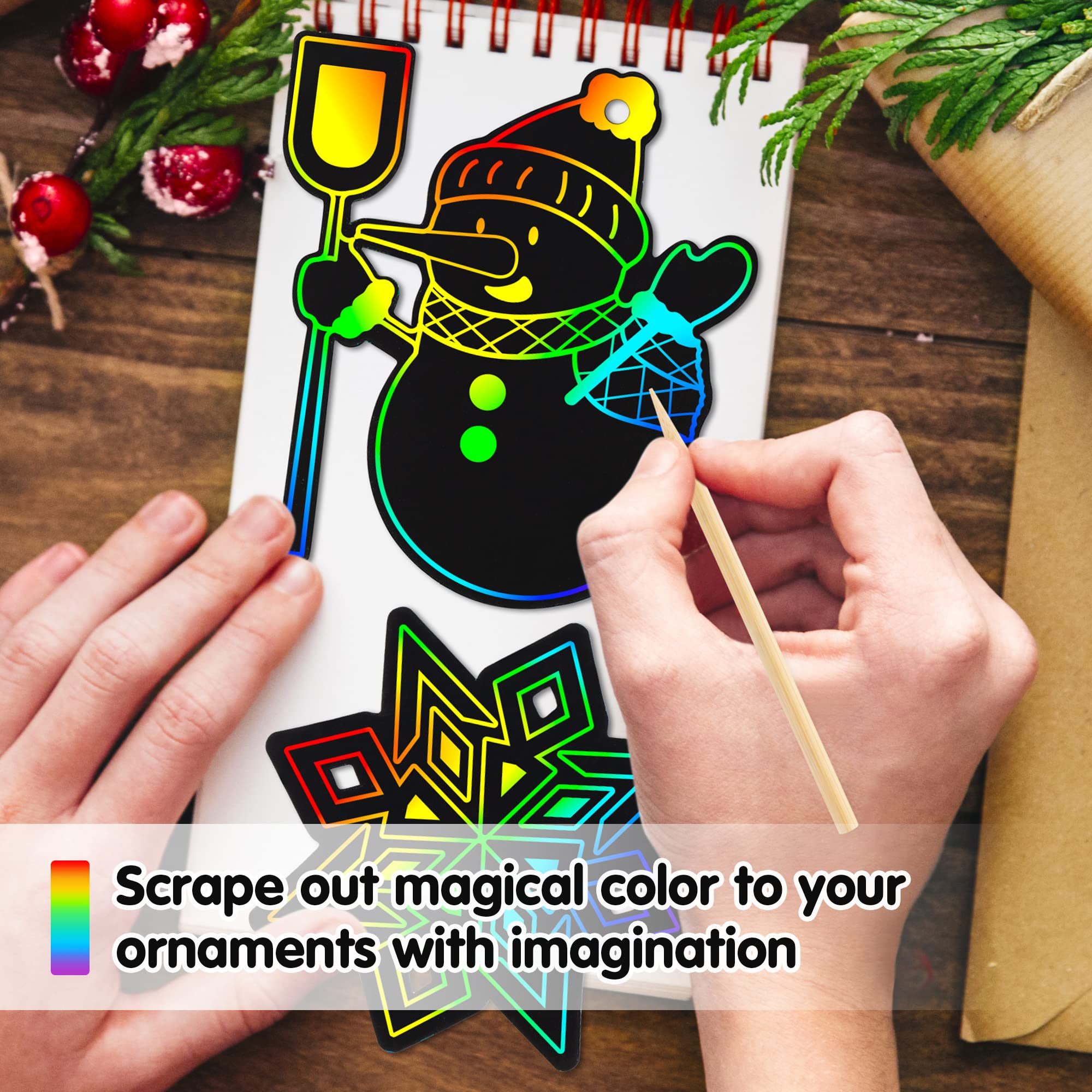 Mocoosy 48 Christmas Scratch Art Ornaments, Christmas Crafts Kits for Kids Rainbow Magic Scratch Paper Cards Xmas Hanging Ornaments Decorations DIY Winter Holiday Party Favors Set