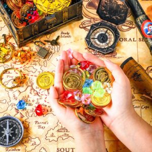 116 Pieces Pirate Treasure Toys, Pirate Treasure Box with Coins Jewels Gems and Pirate Map Compass Telescope for Boy Girl Halloween Cosplay Props Pirate Theme Party Decoration Favor (Cute Style)