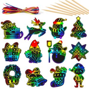 Mocoosy 48 Christmas Scratch Art Ornaments, Christmas Crafts Kits for Kids Rainbow Magic Scratch Paper Cards Xmas Hanging Ornaments Decorations DIY Winter Holiday Party Favors Set