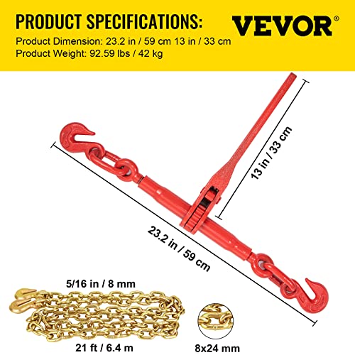 VEVOR Chain Load Binder, 5/16" Tie Down Kit w/ 6600LBS Working Load Capacity and Two Grab Hooks, Includes (4) Ratchet Binders - (4) 21' Grade 80 Chains, Transport Load Package for Hauling, Towing