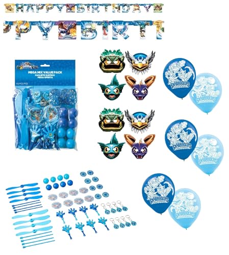 Amscan Skylanders Birthday Party Supplies Bundle Pack Includes 8 Party Paper Masks, 1 Happy Birthday Banner, 48 Piece Party Pack, 6 Latex Balloons