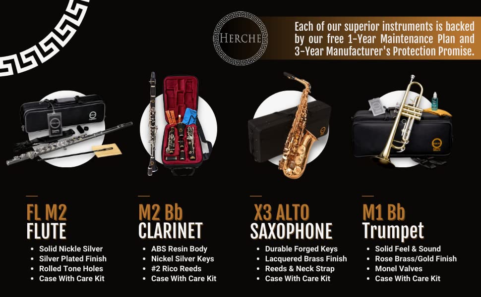 Clarinet Herche Superior Bb Clarinet X3 - Professional Grade Musical Instruments for All Levels - Service Plan - Educator Approved and Recommended